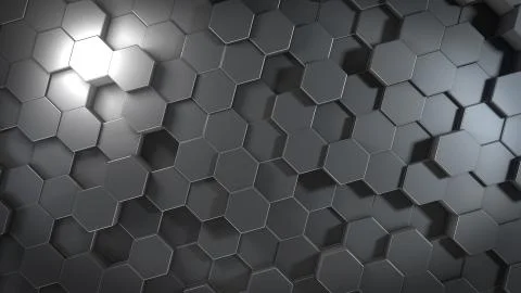 3D rendering of abstract hexagonal geometric metallic surfaces in virtual spa Stock Illustration