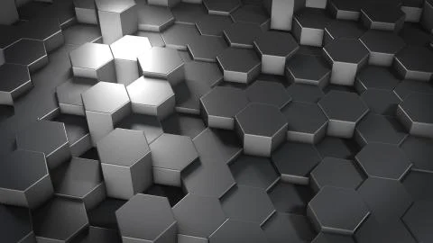3D rendering of abstract hexagonal geometric metallic surfaces in virtual spa Stock Illustration