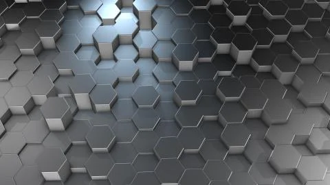 3D rendering of abstract hexagonal geometric aluminum surfaces in virtual spa Illustrazione stock