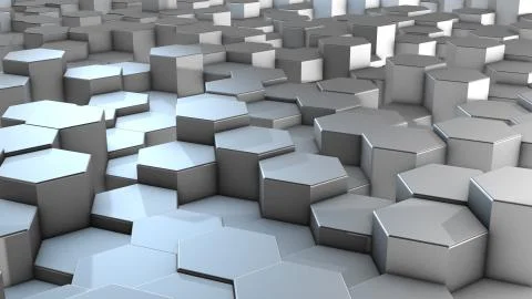 3D rendering of abstract hexagonal geometric aluminum surfaces in virtual spa Stock Illustration