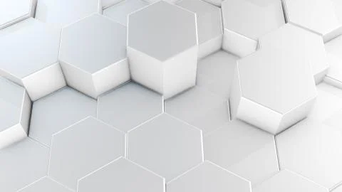 3D rendering of abstract hexagonal geometric white surfaces in virtual space Stock Illustration
