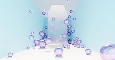 3d rendering. Abstract image of a bright room with glass balls on a backgroun Stock Illustration