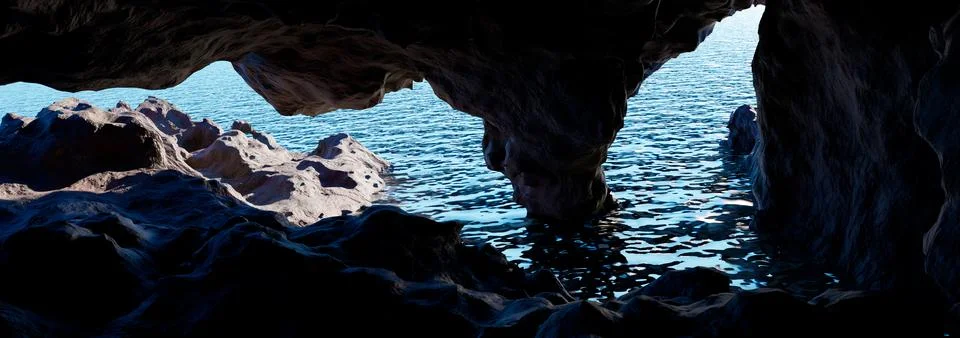 3d rendering. Abstract image of a cave and a gorge in the mountains overlooki Stock Illustration