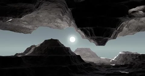 3d rendering. Abstract image of a cave and a gorge in the mountains from a ca Stock Illustration