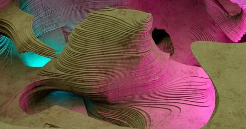 3d rendering. Abstract image of a cave made of layers illuminated with neon b Stock Illustration