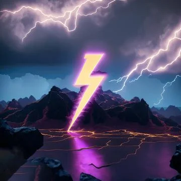3d rendering. Abstract landscape background with glowing neon bolt symbol, .. Stock Photos