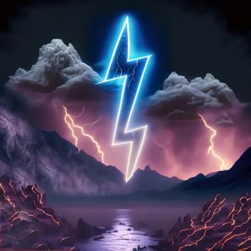 3d rendering. Abstract landscape background with glowing neon bolt symbol, .. Stock Photos