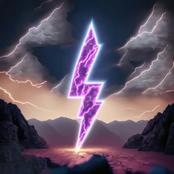 3d rendering. Abstract landscape background with glowing neon bolt symbol, .. Stock Photos