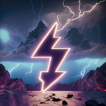 3d rendering. Abstract landscape background with glowing neon bolt symbol, .. Foto stock