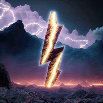 3d rendering. Abstract landscape background with glowing neon bolt symbol, .. Foto stock