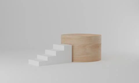 3d rendering. Abstract minimal background, white stairs with wood cylinder po Stock Photos