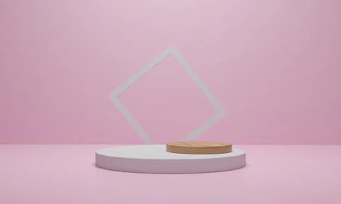 3d rendering. Abstract minimal scene with geometrical. Wood podium on pink co Stock Illustration