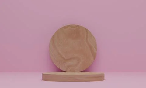 3d rendering. Abstract minimal scene with geometric. wood podium on pink back Stock Photos
