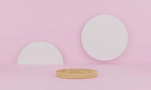 3d rendering. Abstract minimal scene with geometric. wood podium on pink back Stock Photos
