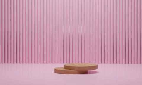 3d rendering. Abstract minimal scene with geometrical. Wood podium on pink co Stock Photos
