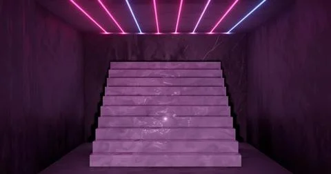 3d rendering, abstract neon background, pink blue glowing light, staircase in Stock Illustration