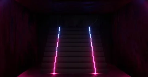 3d rendering, abstract neon background, pink blue glowing light, staircase in Stock Illustration