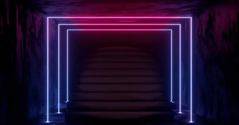 3d rendering, abstract neon background, pink blue glowing light, staircase in Illustrazione stock