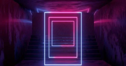 3d rendering, abstract neon background, pink blue glowing light, staircase in Stock Illustration