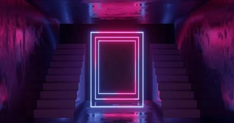 3d rendering, abstract neon background, pink blue glowing light, staircase in Stock Illustration
