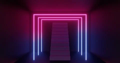 3d rendering, abstract neon background, pink blue glowing light, staircase in Stock Illustration