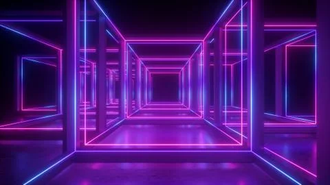 3d rendering, abstract neon geometric background, cubic shape, lines glowing Stock Illustration