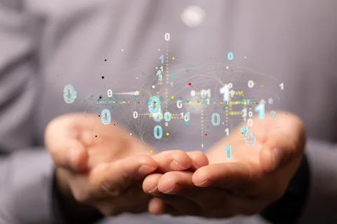3D rendering of an abstract network with binary code hovering over a man's hands Stock Photos