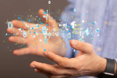 3D rendering of an abstract network with binary code hovering between a man's Stock Photos