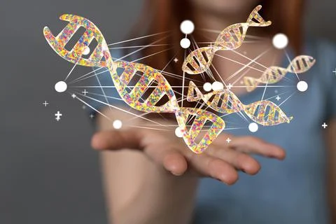 3D rendering of an abstract network of tech DNA elements in the space Foto stock