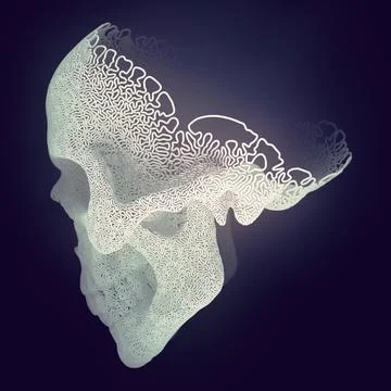3d rendering abstract plastic wire skull surrounded by blue mist 스톡 일러스트