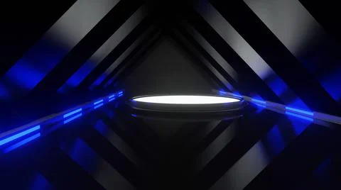 3d rendering abstract platform for trade fair black blue shimmering light Stock Illustration