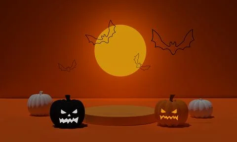 3D rendering. Abstract podium minimal scene for Halloween background. Pumpkin Stock Illustration