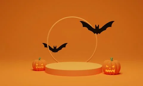 3D rendering. Abstract podium minimal scene for Halloween background. Pumpkin Stock Illustration