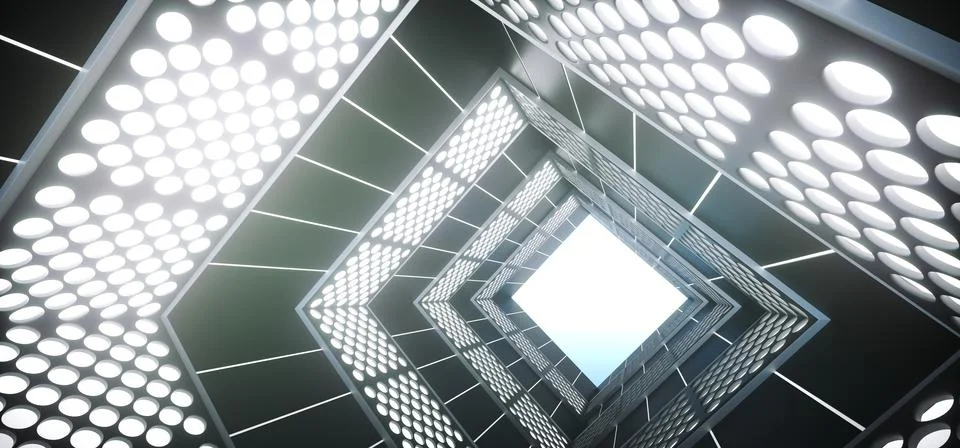 3D Rendering Of Abstract Realistic Triangle Sci-Fi Corridor With Lighted Grid Illustrazione stock