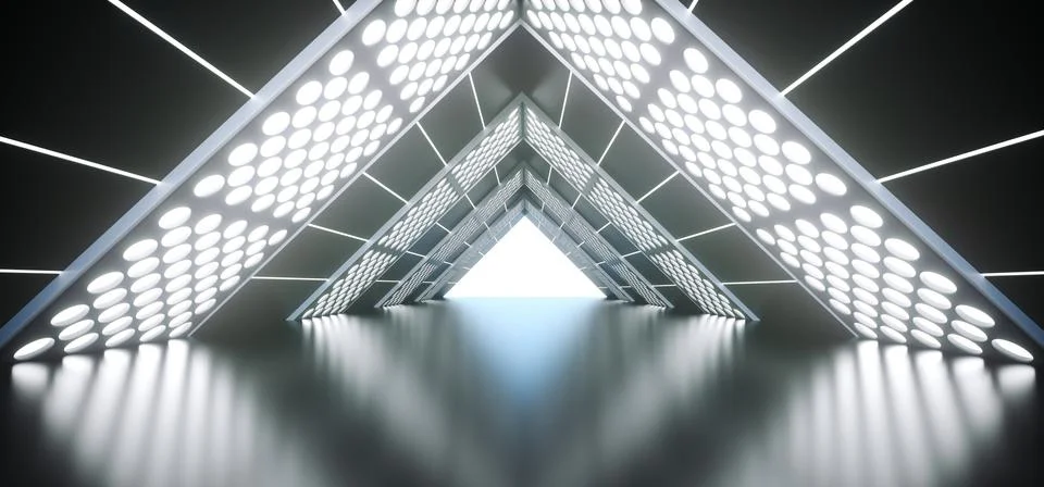 3D Rendering Of Abstract Realistic Triangle Sci-Fi Corridor With Lighted Grid Illustrazione stock