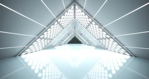 3D Rendering Of Abstract Realistic Triangle Sci-Fi Corridor With Lighted Grid Illustrazione stock