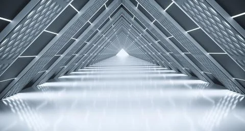3D Rendering Of Abstract Realistic Triangle Sci-Fi Corridor With Lighted Grid Illustrazione stock
