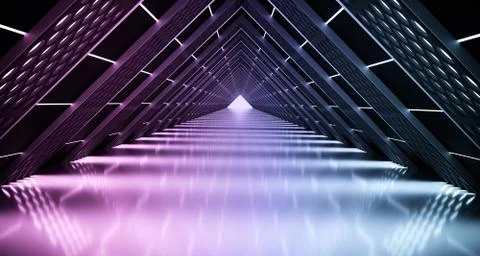 3D Rendering Of Abstract Realistic Triangle Sci-Fi Corridor With Lighted Grid イラスト素材