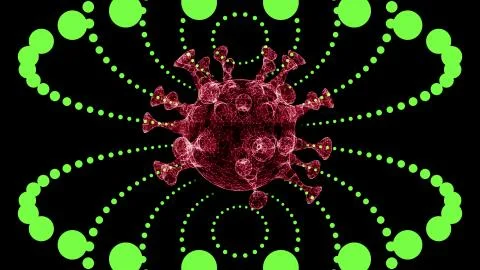 3D rendering of abstract red virus cell model floating through tunnel of Stock Illustration