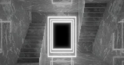 3D rendering. Abstract room interior with staircase and white neon lights. Fu Stock Illustration
