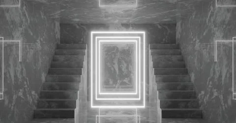 3D rendering. Abstract room interior with staircase and white neon lights. Fu Stock Illustration