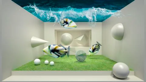 3D rendering, abstract scene with geometric shapes Stock Illustration