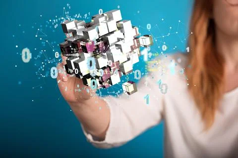 A 3D rendering of abstract sci-fi technological cubes with a female tapping o Stock Photos