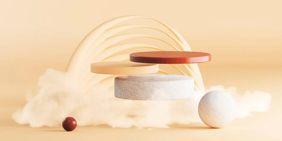 3D rendering of abstract shapes arranged atop a cloud-filled background with dec Illustrazione stock