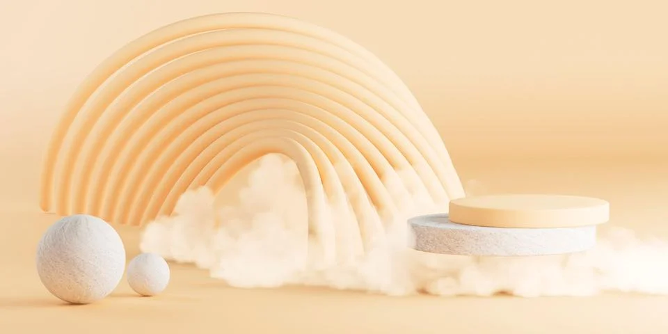 3D rendering of abstract shapes arranged atop a cloud-filled background with dec Illustrazione stock