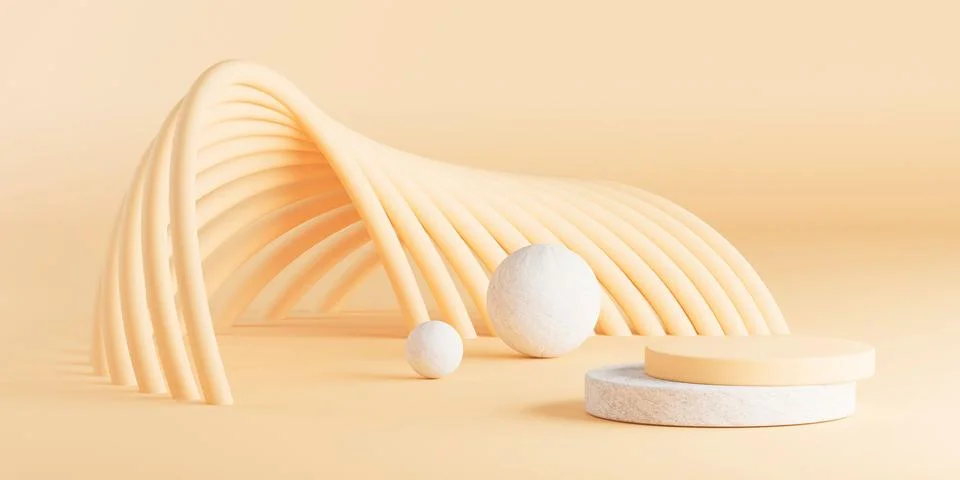 3D rendering of abstract shapes arranged atop a cloud-filled background with dec Stockillustratie