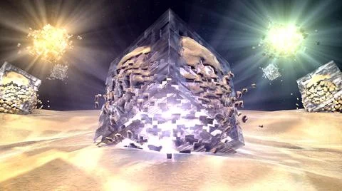 3D rendering of an abstract sphere with exploding cubes under the lights Illustrazione stock