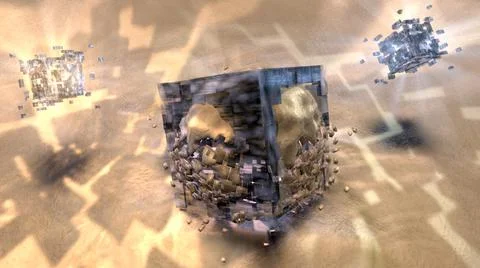 3D rendering of an abstract sphere with exploding cubes under the lights Stock Illustration