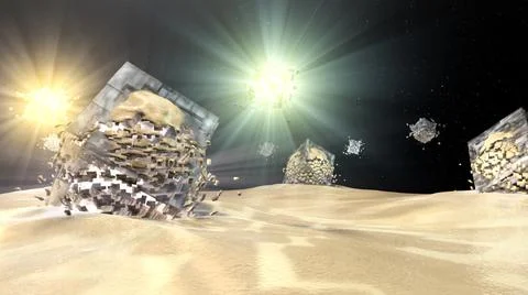 3D rendering of an abstract sphere with exploding cubes under the lights Stock Illustration