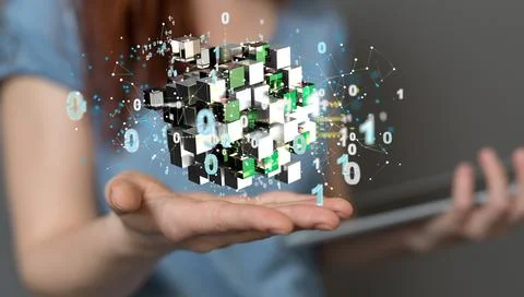 A 3D rendering of an abstract technological cubes on a female's hand- concept Stockfoto's